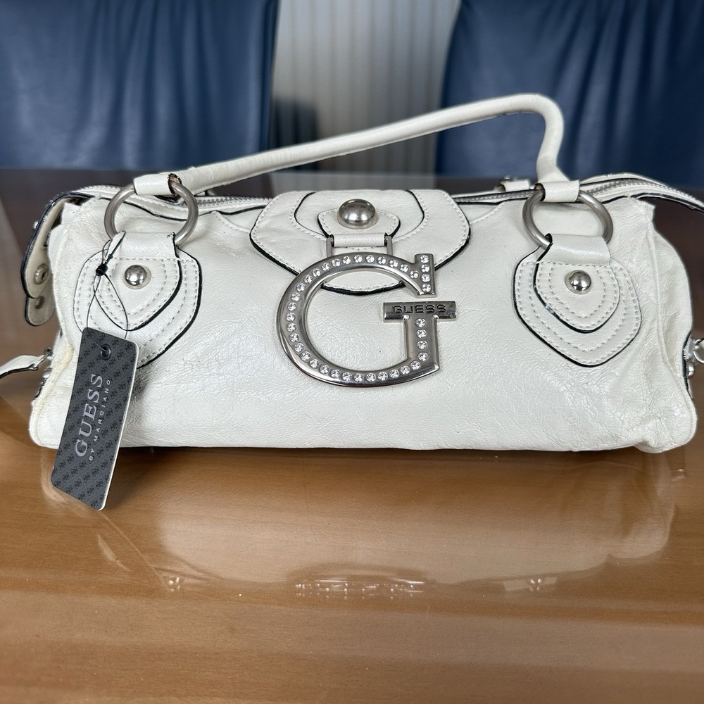 G By‎ Guess Cream Handbag Vintage Y2k Buckle Detail Studded Satchel Silver *New*